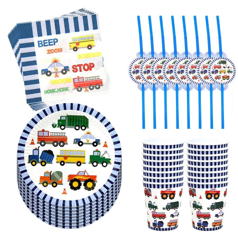 

Paper Tableware Party Set Birthday Plates Construction Traffic Cup Car Vehicle Napkins Supplies Plate Disposable Transportation