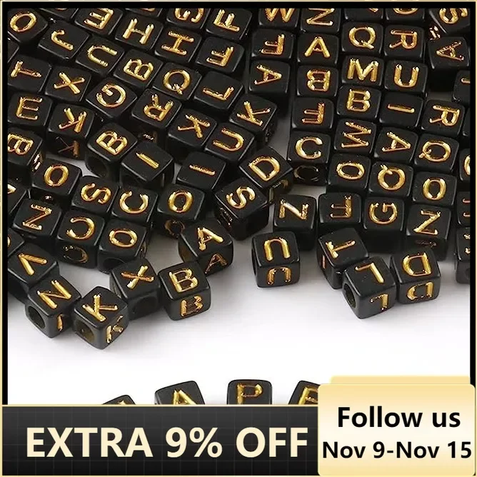 

50pcs Black Gold Color Alphabet Beads Square Acrylic Alphabet Beads for Bracelet Necklace DIY Jewelry Making Decor Accessories