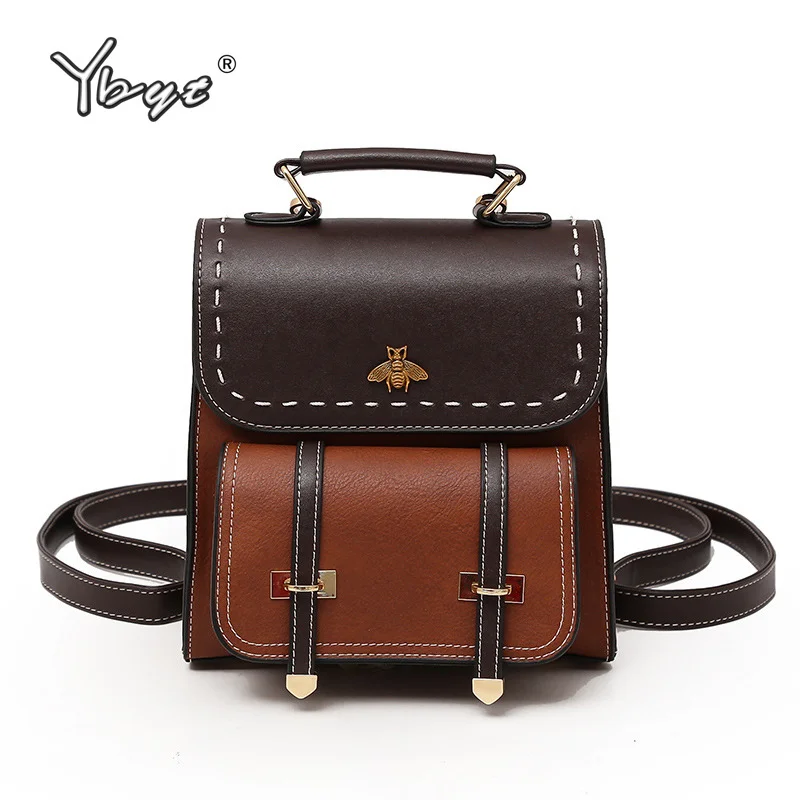 

2023 vintage panelled PU leather women backpack England Style girls school backpack little bee female travel rucksack mochilas