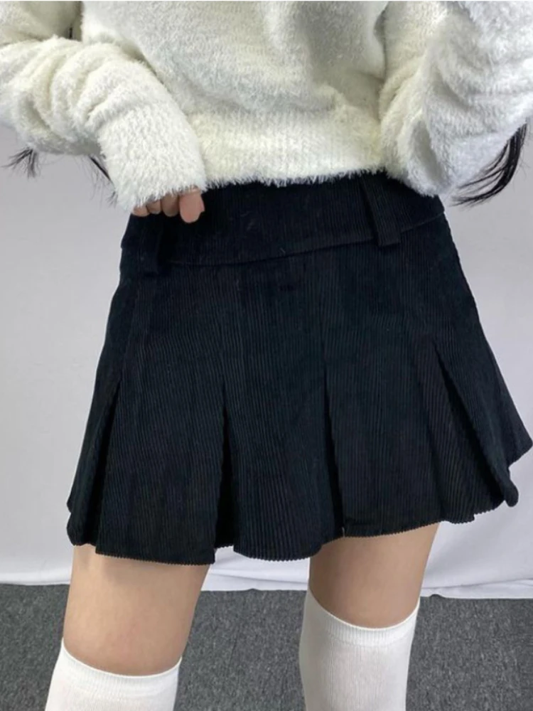 

WeiYao Solid Black Casual Fashion Corduroy Pleated Skirts Womens Goth Y2K A Line Mini Skirt High Waist Preppy Streetwear Clothes