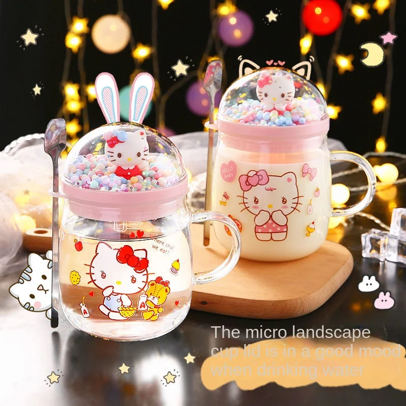 Прозрачная стеклянная чашка Hello Kitty с крышкой для чая кофе ложкой и ручкой летние