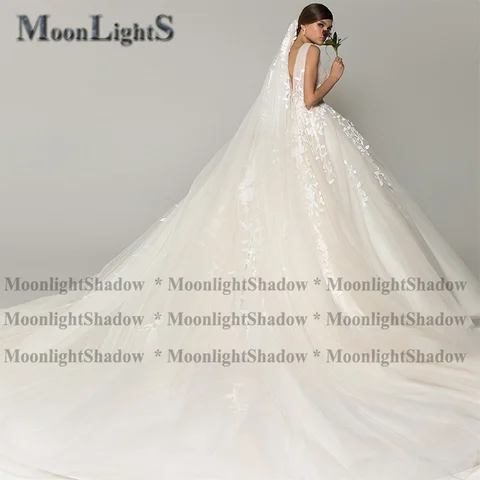 MoonlightShadow Deep V-neck Wedding Dress Elegant Tulle Sleeveless A-line Lace Appliques Bridal Dresses Gown Robe De Mariée