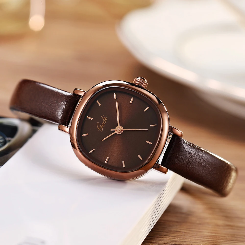 GEDI Retro Coffee Women Square Watches Thin Leather Strap Waterproof Vintage Fashion Ladies Quartz Wristwatches Female Clock New