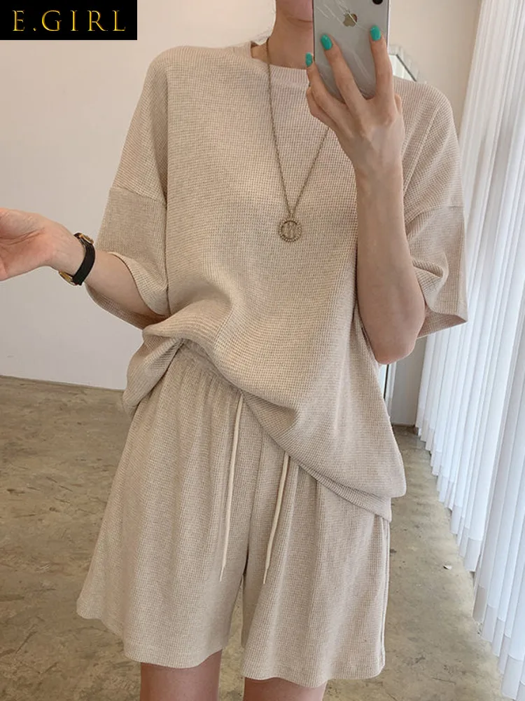 Korean Chic Summer Dress Simple Two Piece Set Round Neck Pullover Thin Knitwear  High Waist Loose Wide Leg Casual Shorts Suit