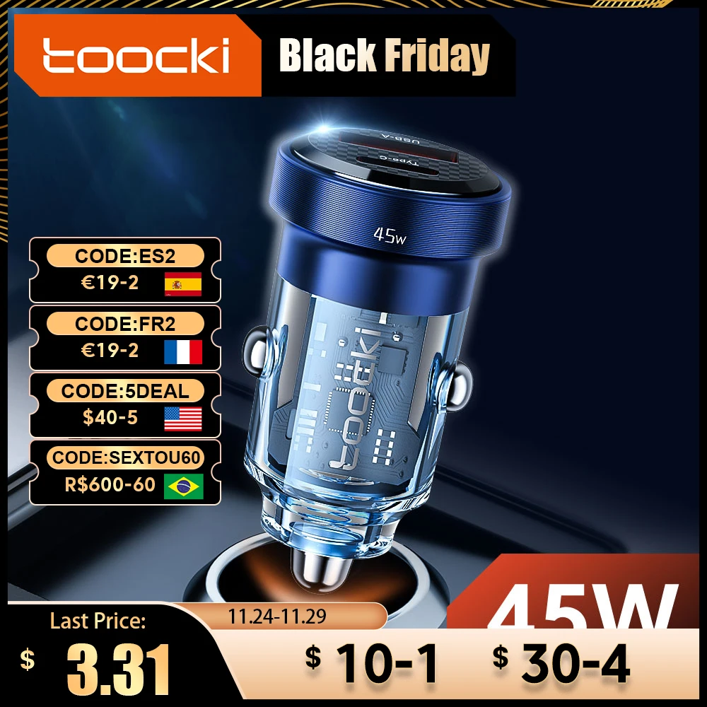  Toocki Type C Car Charger 45W Quick Charge4.0 QC3.0 SCP 5A PD Fast Charging USB C Car Phone Charger For iPhone Xiaomi Samsung 