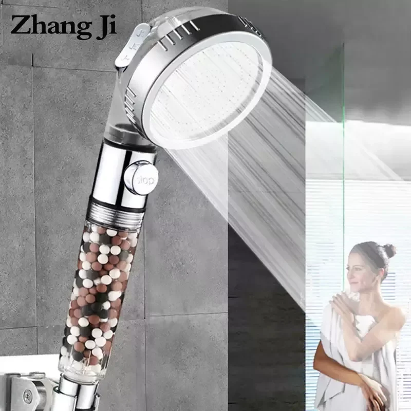 

2023 ZhangJi Bathroom 3-Function SPA Shower Head with Switch Stop Button high Pressure Anion Filter Bath Head Water Saving Showe