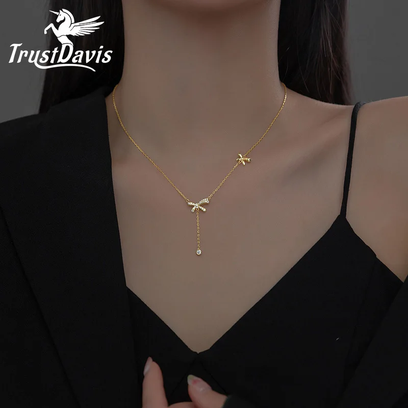 

TrustDavis CZ ожерелье из стерлингового серебра 925 пробы модная цепочка с бантом кисточка круглое циркониевое ожерелье для женщин Свадебные ювел...