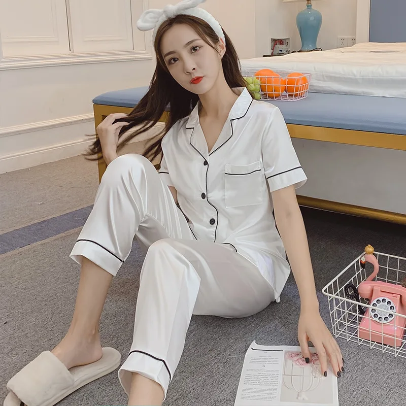 Women Silk Satin Pajamas for Womens Pyjamas Set Long Sleeve Sleepwear Set Pajamas Suit Female Two Piece Set Loungewear Plus Size