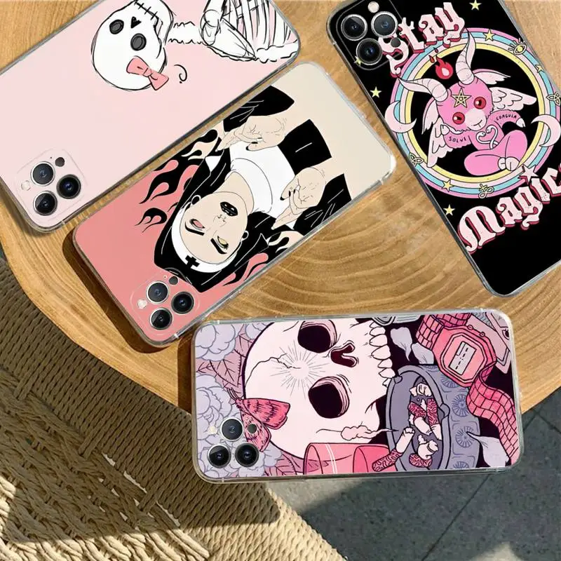 

Pink Cat Skull Sorceress Witch Phone Case Silicone Soft for iphone 14 13 12 11 Pro Mini XS MAX 8 7 6 Plus X XS XR Cover