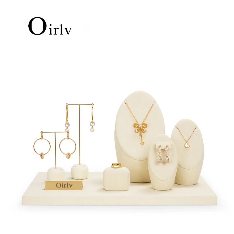 

Oirlv Beige Microfiber Jewelry Counter Display Set Props Shop Cabinet Display for Necklace Earrings Ring