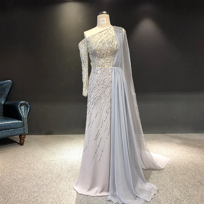 

996 настоящий Zuhair Murad с одним длинным рукавом, серебряные блестки с бисером, платья Длинные вечерние платья без рукавов