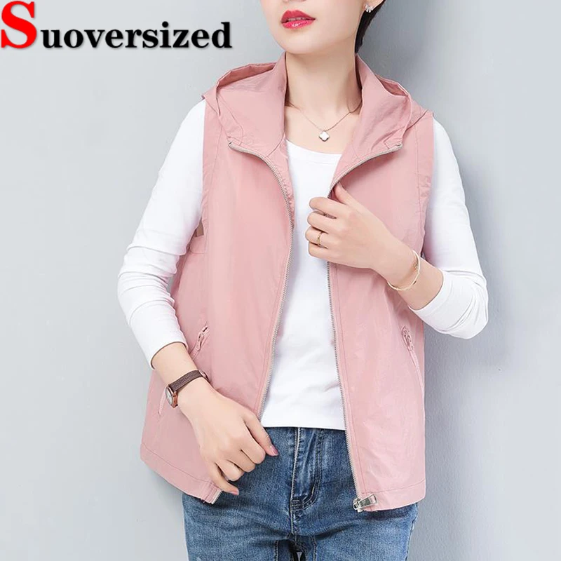 Жилет женский оверсайз легкий повседневная безрукавка с капюшоном тонкая