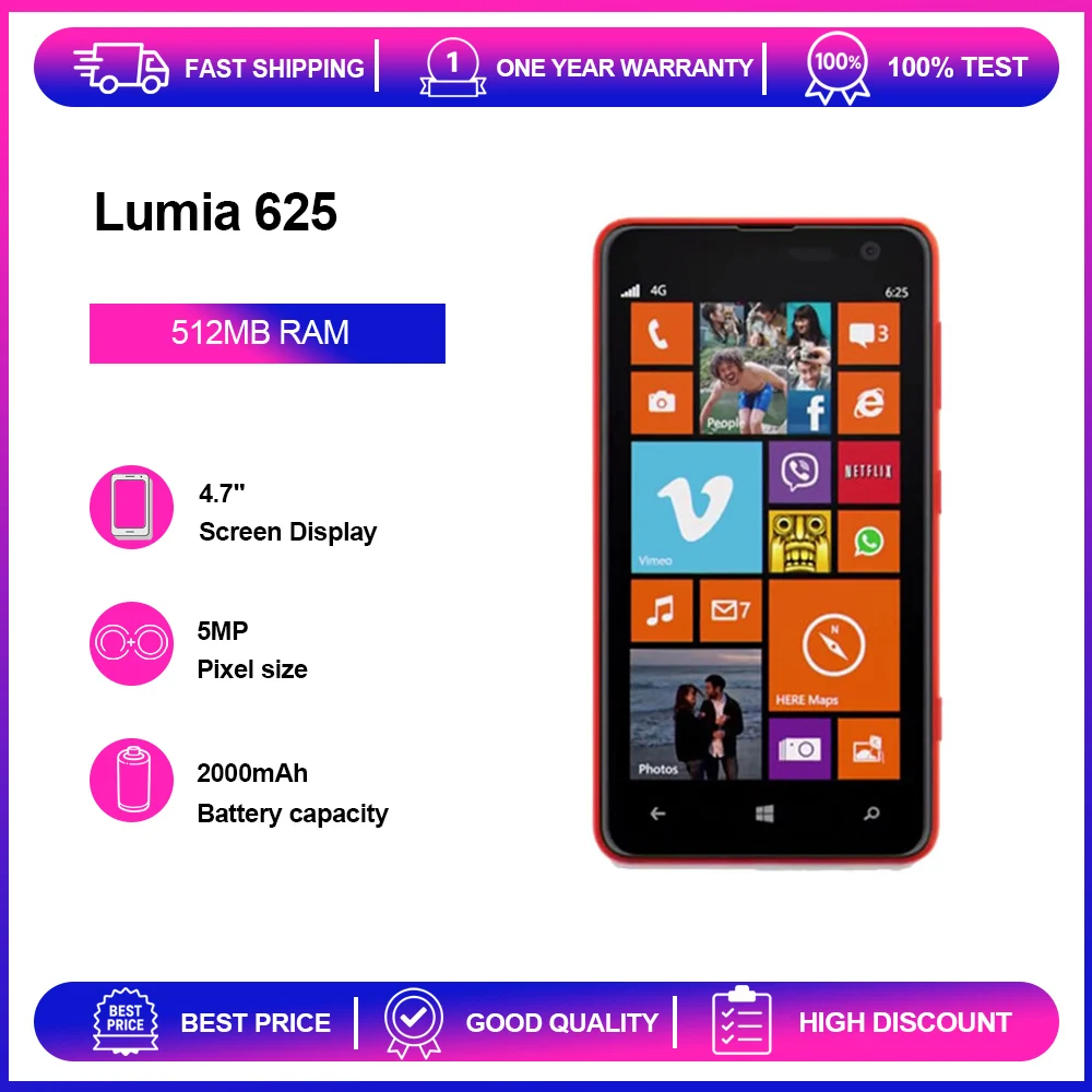 Фото Разблокированный восстановленный телефон Lumia 625, 5 МП, 4,7 дюйма, 8 ГБ, 512 МБ ОЗУ, GSM 900/1800, 2000 мАч, Bluetooth №1