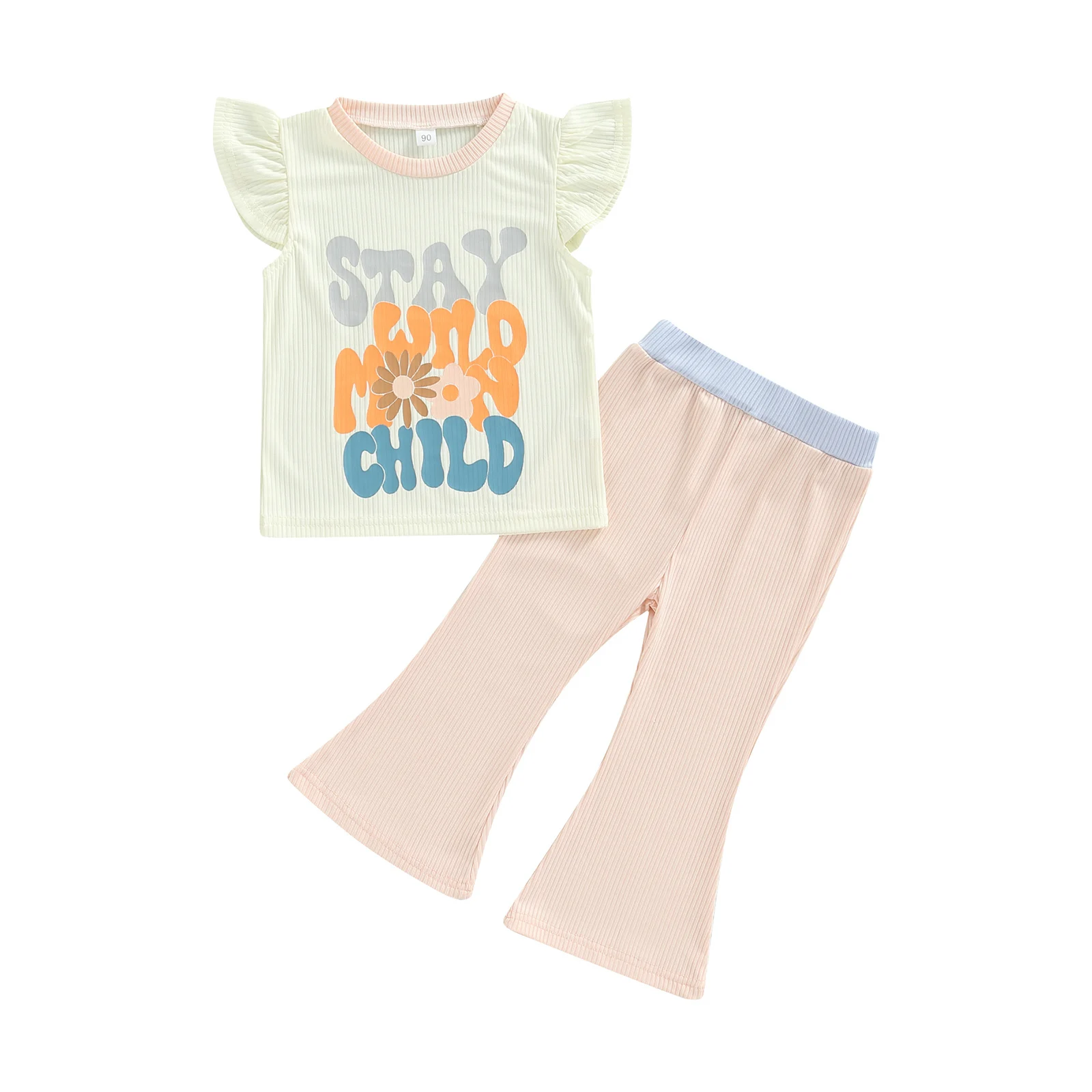 

2022-04-27 Lioraitiin 0-6Years Toddler Girls 2Pcs Summer Outfits Letter Print Quarter-Sleeve T-Shirt Bell-Bottoms