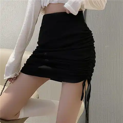 CHRLEISURE Female High Waist Folds Drawstring Hip Wrap Mini Skirts Summer Fashion Babes Sexy Style Solid Women's Short Skirt