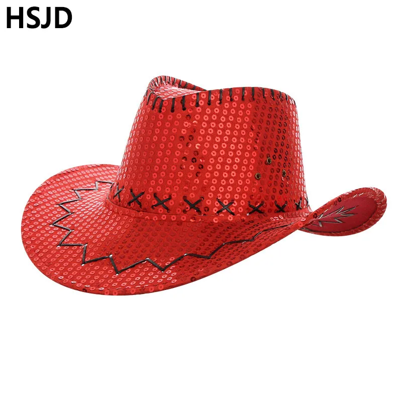 

Fashion Shiny Sequined Cowboy Fedora Hat American Western Style Cowgirl Hats For Women Girl Summer Sun Visor Jazz Cap Party