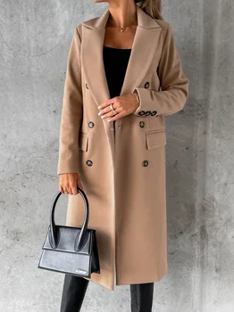 Plain Lapel Long Sleeve Button Winter Long Wool&Blends Coat Women Classic Fashion Loose Fitting Coats 1