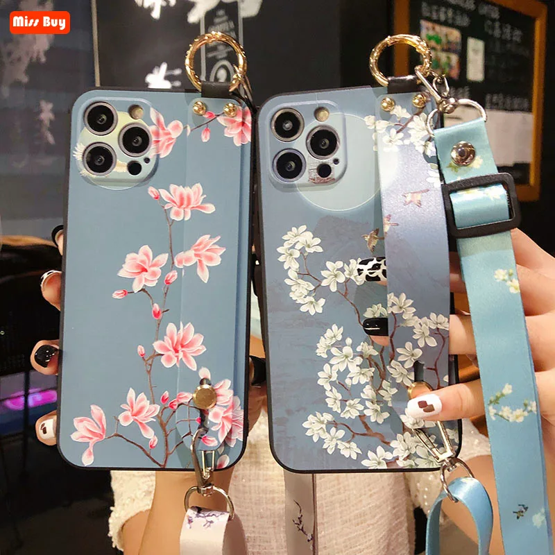 

Fashion Flowers Priting Wrist Strap Soft Silicon Crossbody Lanyard Case for iPhone 13 12 11 Pro max Mini XR XS Max 7 8 Plus Case