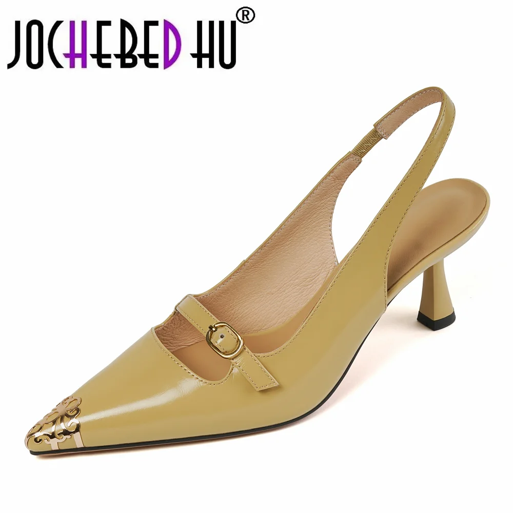 

【JOCHEBED HU】Women Shoes Genuine Leather Stiletto Heel Shoes Chain Slingback Shoes Pointed Toe High Heels Summer Spring 33-40