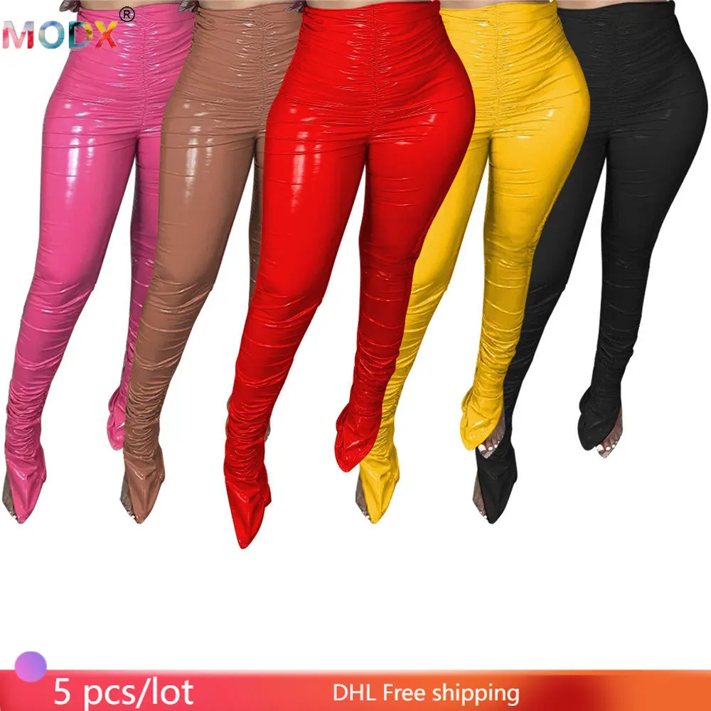 5Pcs Bulk Wholesale Casual PU Leather Pants Women Sexy Split Micro Flared Trousers Female Solid Plush Pleated Stacked Pants 9880