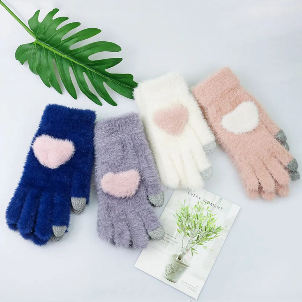 

Fashion Women Knitting Mittens Gloves Cute heart Autumn Winter Warm Soft Outdoor Solid colour Unisex Cashmere Fullfinger Glove