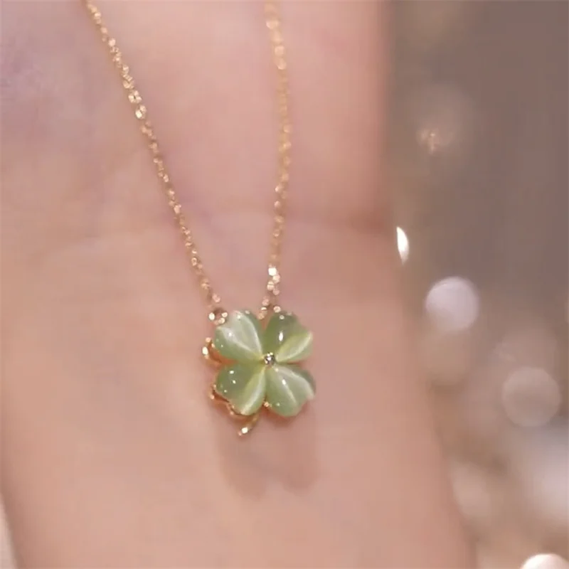 Fashion Clover Necklace For Lady Jewelry Gift 2022 Trendy Green Jade Flower Rotated Pendant Women 925 Silver Necklaces Latest