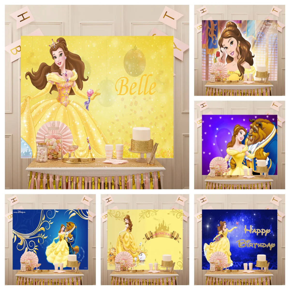 

Disney Birthday Party Decor Photography Cartoon Custom Princess Belle Backdrop Beauty And The Beast Rose Palace Background