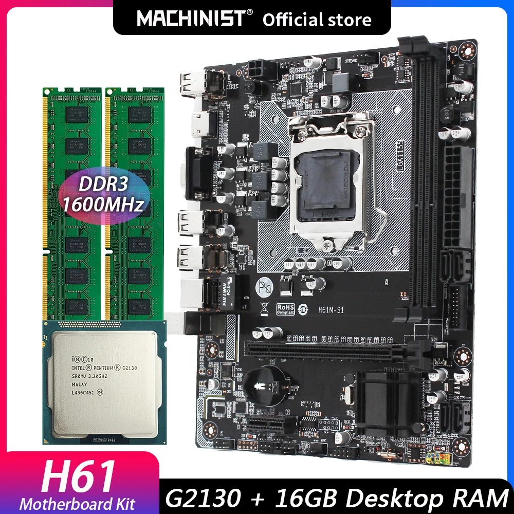 

Machinist H61 Motherboard kit set With Intel Pentium G2130 CPU Processor 16GB (2*8g) 1600MHz DDR3 Memory RAM LGA 1155 H61M-S1