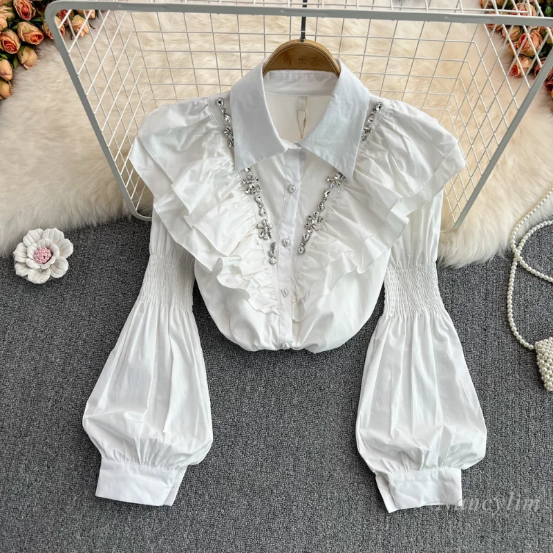 

Модные белые рубашки для женщин, весна 2022, милые дамские блузки в стиле ретро с оборками и рукавами-фонариками, шикарный топ с длинным рукаво...