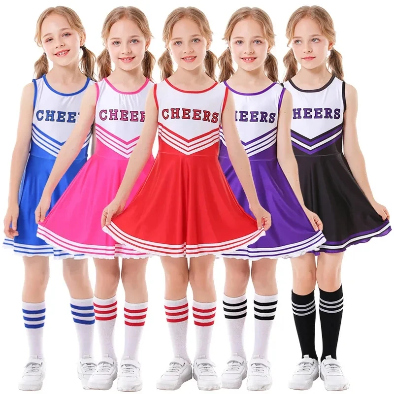 With Sock Pompom Kids Cheerleader Costume For Yung Girls School Child Cheer Uniform Outfit Sleeveless Dance Dress Carnival Hallo