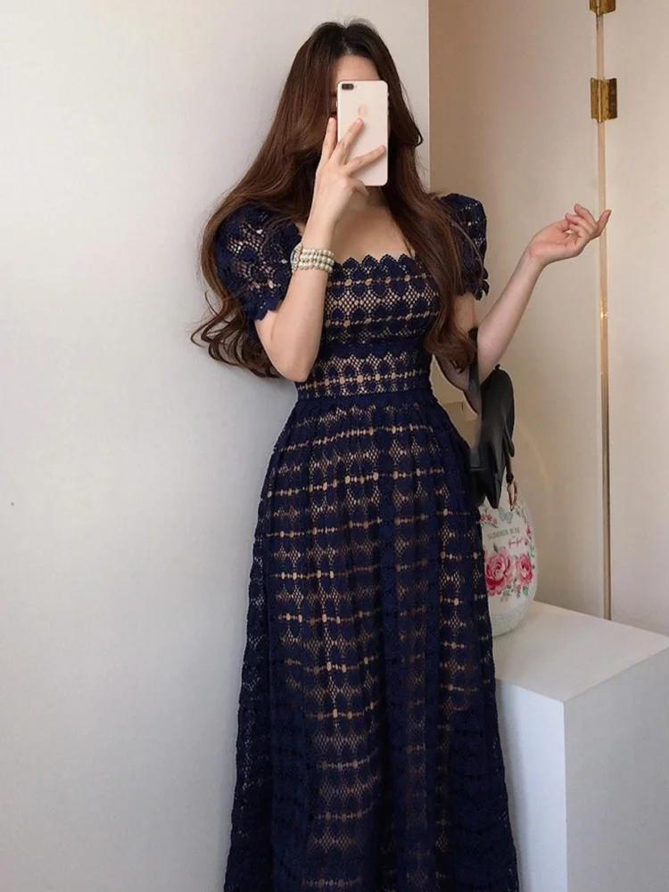 

Temperament Sexy Square Collar Lace Hook Flowers Hollow Out Waist Closing Dress Women Short Sleeve Thin Dresses Y655