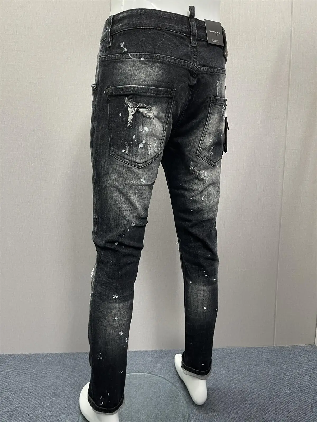 2023 Spring/Summer New  Jeans Water Wash Worn Hole Patch Paint Trendy Men's Letter Printing Slim Fit Micro Elastic  Denim Pa