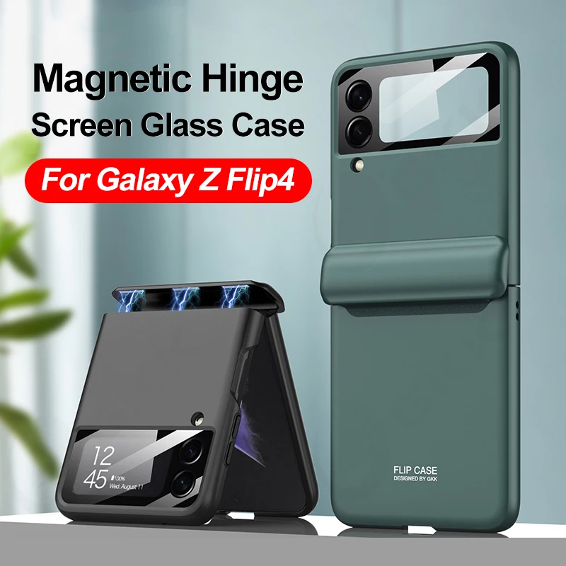 

GKK For Galaxy Z Flip4 Case Magnetic Hinge Outer Screen Glass Cover For Samsung Galaxy Z Flip 4 5G All-included Protection Case