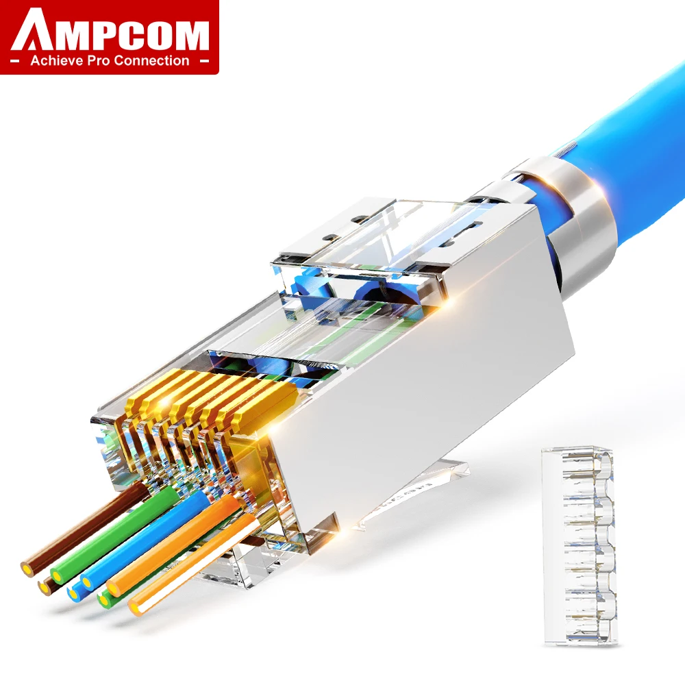 AMPCOM-conector CAT7 RJ45, Cable de red sólido o trenzado, con barra de...