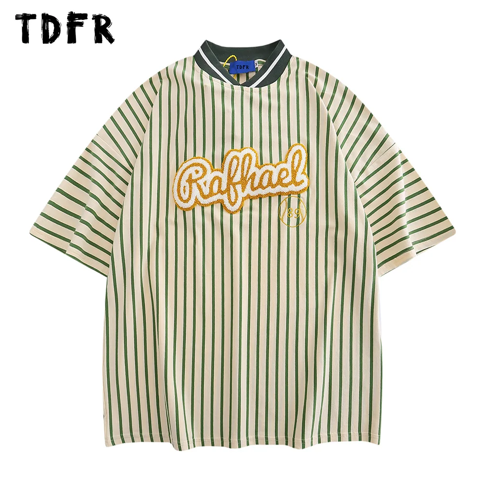 

Striped Short Sleeve T-shirt Mens Summer Letter Embroidery Casual Loose Drop Shoulder Crew Neck Half-Sleeve Tshirt Men