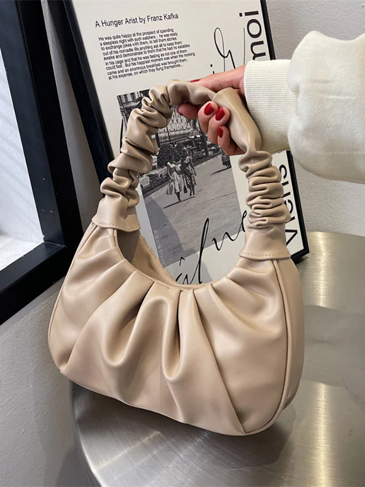 

Luxury Designer Shoulder Bags for Women Pu Leather Top Handle Women's Bag 2022 Trend Solid Pleated New Fashion Laides Handbags
