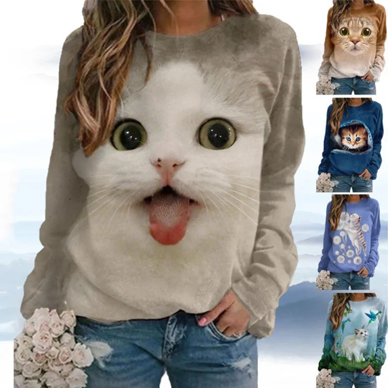 

2022 New Y2K Cat 3D Print T-shirt Women Fashion Casual O-Neck Tops Long Sleeve Spring Summer Vintage Oversize Pullover T Shirts