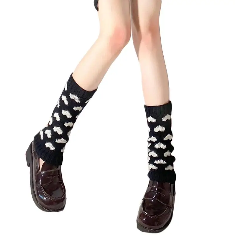 

Women Girls Ribbed Knit Leg Warmers Cover Harajuku Kawaii Cute Love Heart Jacquard Boot Cuffs Lolita Knee High Calf Socks