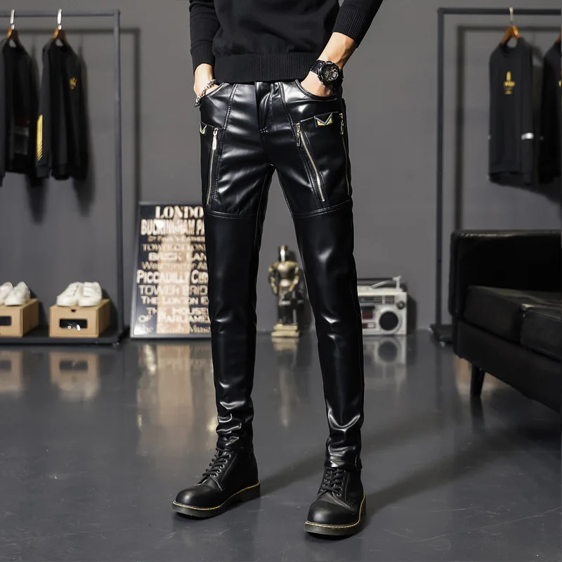 

New Skinny Biker Leather Pants Men Fashion Faux Leather Biker Trousers For Male Trouser Stage Club Wear