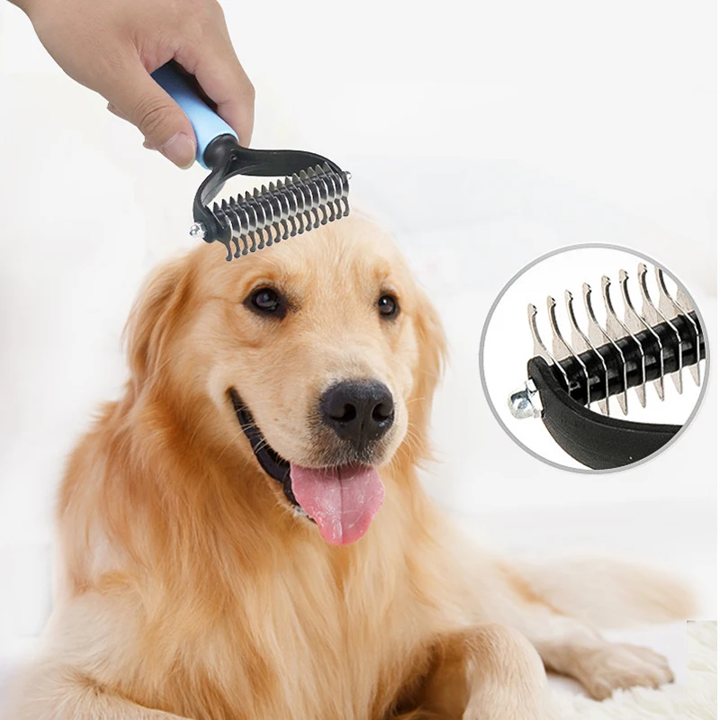 

Расческа для собак, расческа для удаления шерсти домашних животных, щетка для груминга кошек, двусторонняя щетка из нержавеющей стали для в...