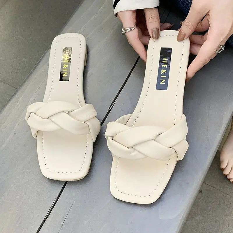 

New Summer Slippers Women Soft Leather Shoes Woman Square Toe Sandals Flat Beach Female Fashion Square Toe Zapatillas Mujer