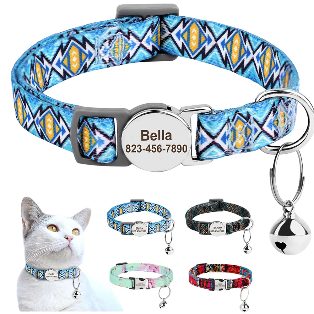 Nylon Personalized Cat Collar Custom Puppy Cat Collars Anti-lost Pet ID Name Necklace Collars With Bell Gift For Small Dogs Cats