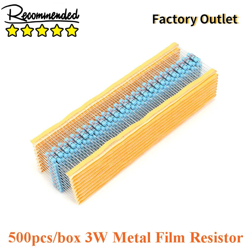 

500pcs 3W Metal Film Resistor Resistance 1% 1M 10K 100R 20R 220R 200K 1K 4.7K 470K 51K 6.8R 6.8K 8.2R 470R 330R 33K 0.1R 0.22R
