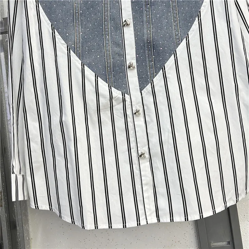 DEAT женская рубашка свободная лоскутная джинсовая с пуговицами в полоску и