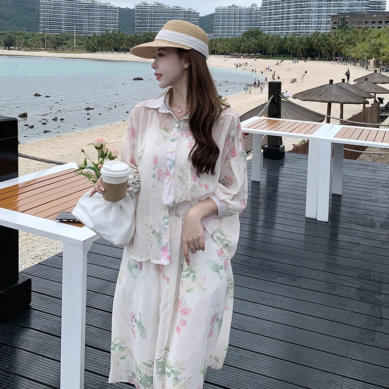 Женский костюм большого размера с цветочным принтом рубашка и трапециевидная