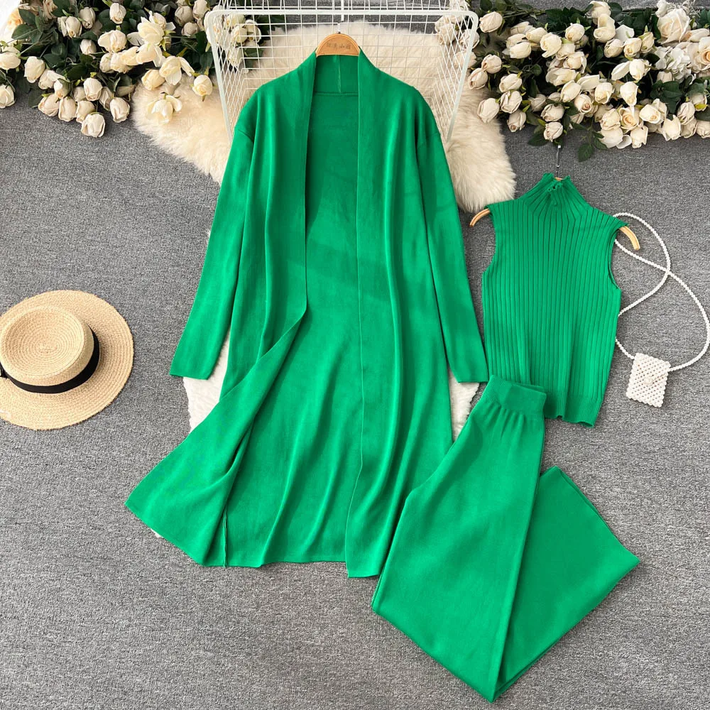 3Pcs/set Winter Autumn Knitted Women Clothing Women Long Sleeve Cardigans+Turtleneck Knit Tank Top+Warm Long Pant Sets