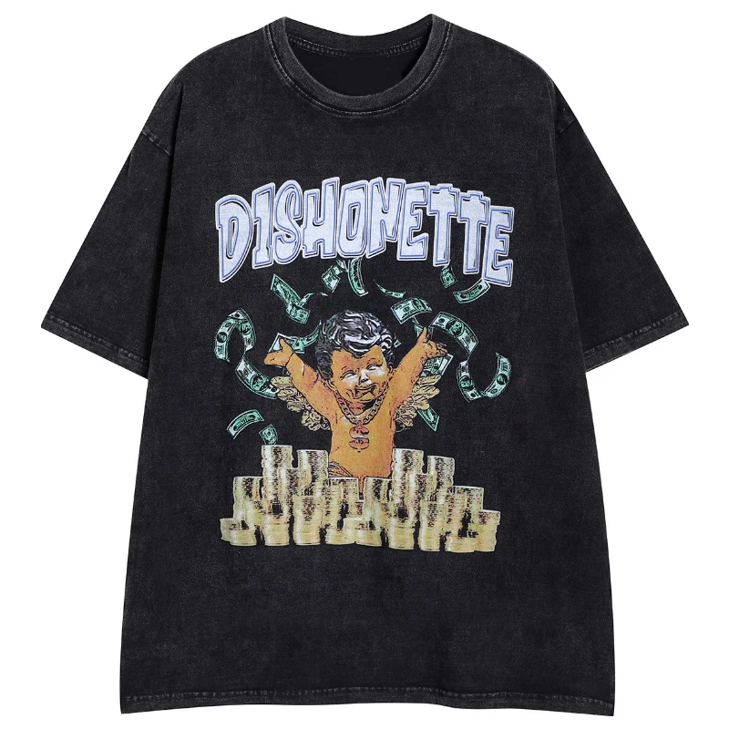 

Уличная Ретро футболка с принтом старых ангелов для стирки воды брендовая уличная футболка большого размера для мужчин и женщин