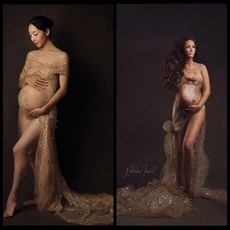 

Tulle Bronzing Sexy Maternity Photo Shoot Prop Dresses For Baby Showers Pregnancy Maxi Gown Long Pregnant Women Wrap Photography