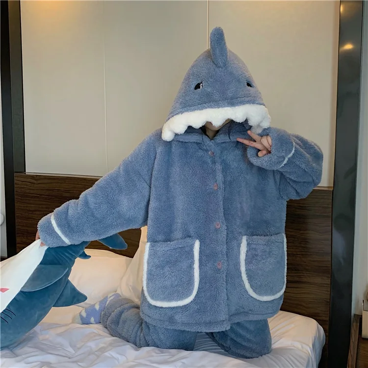 Women Pajamas 2022 Winter Japanese Sweet Temperament Kawaii Style Cute Cartoon Shark Hooded Coral Velvet Home Wear Suit
