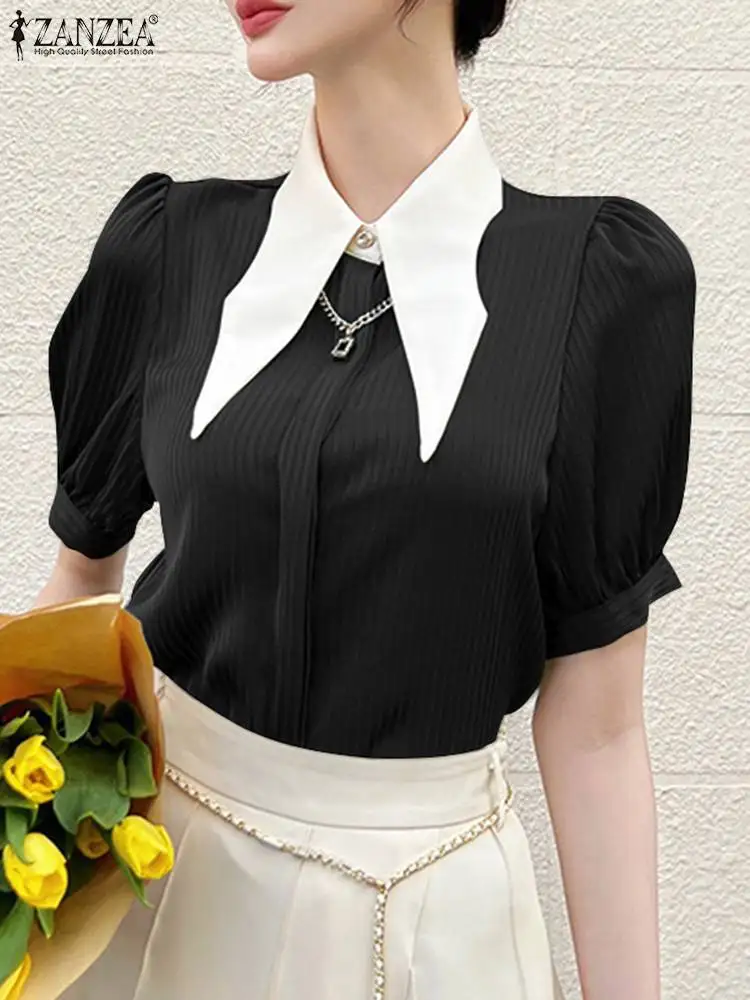 

ZANZEA Buttons Up Color Blocking Chemise Jacquard Elegant Chic Lapel Fashion Blouse Puff Short Sleeve 2022 Summer Women Shirts